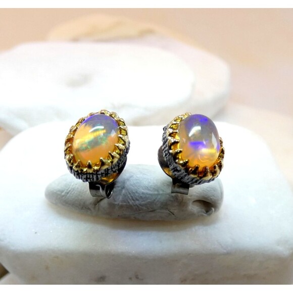 AAA Ethiopian Opal Oxidized Sterling Silver Gold Accent Stud Earrings - Picture 1 of 4